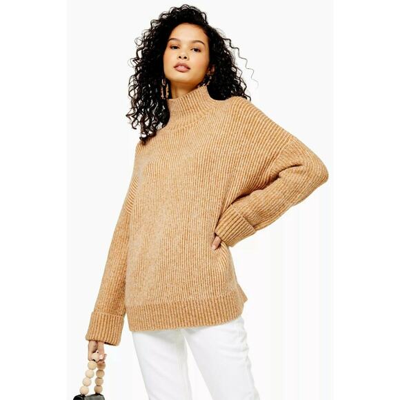 Topshop Sweater Knitted Supersoft Funnel Neck Turtleneck Wide Sleeve Camel NWT - Picture 1 of 8
